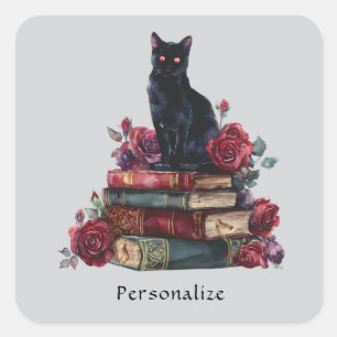 Gothic Art Black Cat Antique Bücher Crimson Rose Quadratischer Aufkleber