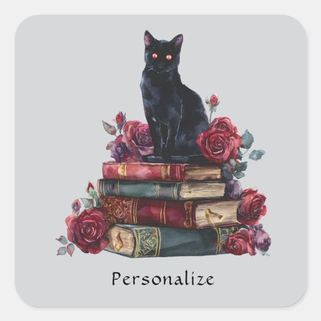 Gothic Art Black Cat Antique Bücher Crimson Rose Quadratischer Aufkleber (Vorderseite)