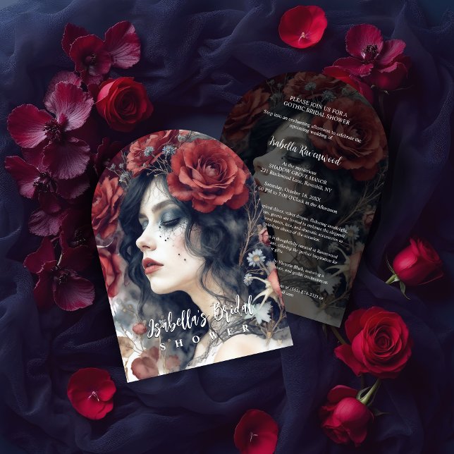 Gothic Attractive Girl Romantic Red Roses Bridal Einladung (Sophisticated Gothic Attractive Girl Romantic Red Roses Bridal Shower Invitation Cards.)