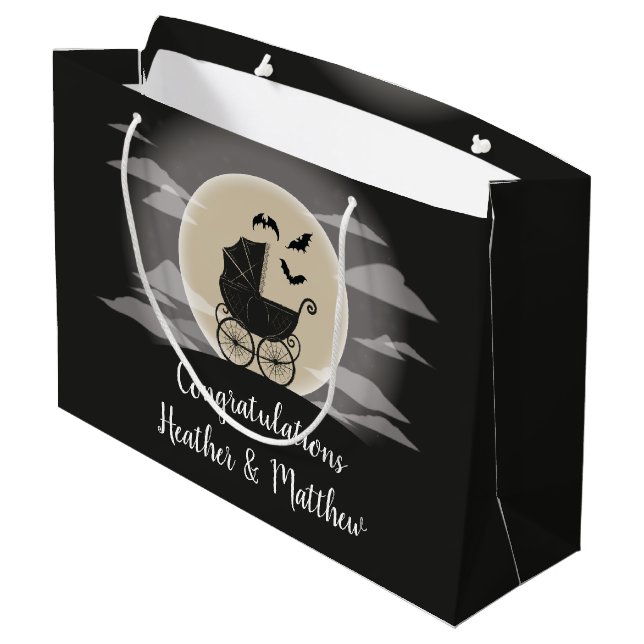Gothic Baby Shower Halloween Carriage Große Geschenktüte (Rückseite Schrägansicht)