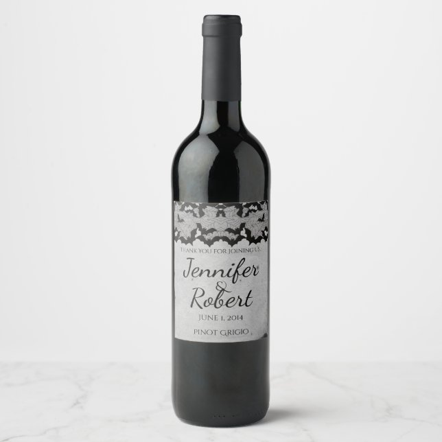 Gothic Bat Lace Posh Wedding Wine Label Weinetikett (Vorderseite)