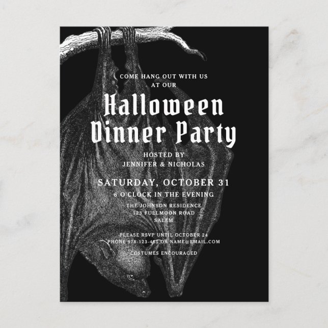 Gothic Bats Halloween Abendessen Party Einladung Postkarte (Vorderseite)