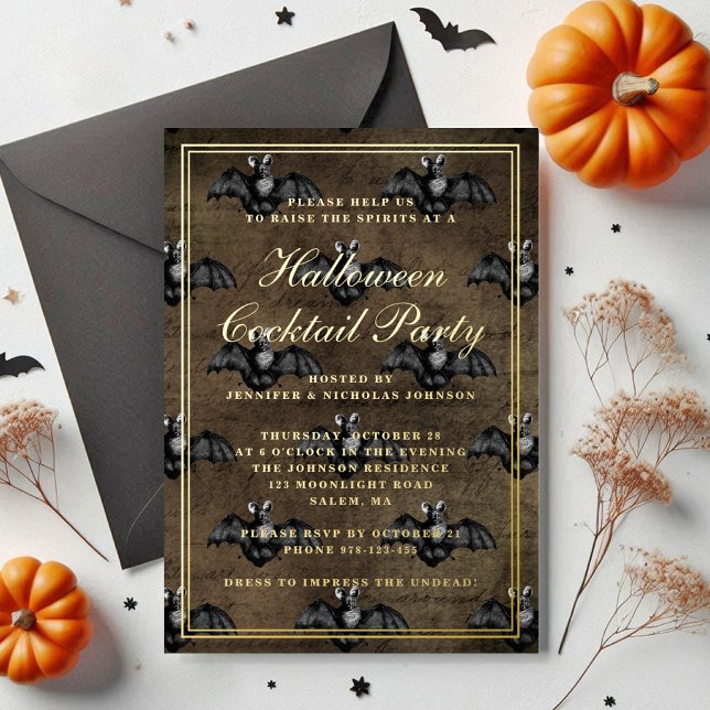 Gothic Bats Halloween Cocktail Party Gold Folieneinladung (Gothic Bats Halloween Cocktail Party Gold Foil Invitation)