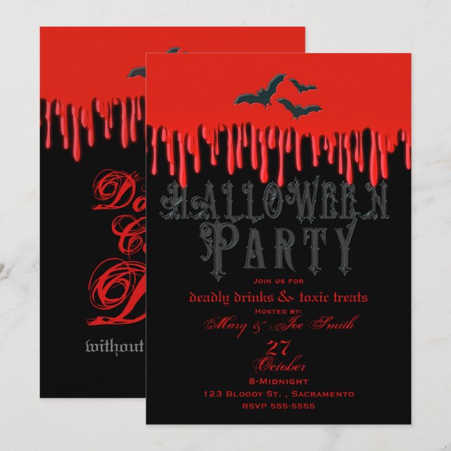 Gothic Bats & Red Dripping Blood Halloween-Party Einladung (Vorne/Hinten)