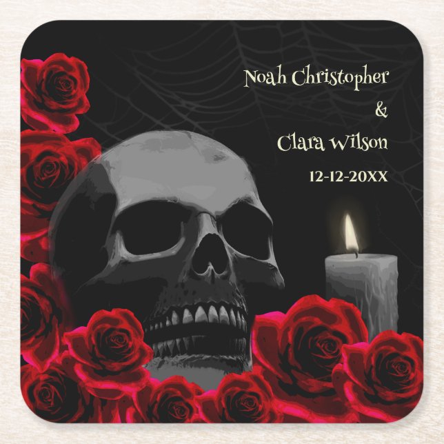 Gothic Beängstigend Skull und Rote Rosen Halloween Rechteckiger Pappuntersetzer (Vorderseite)