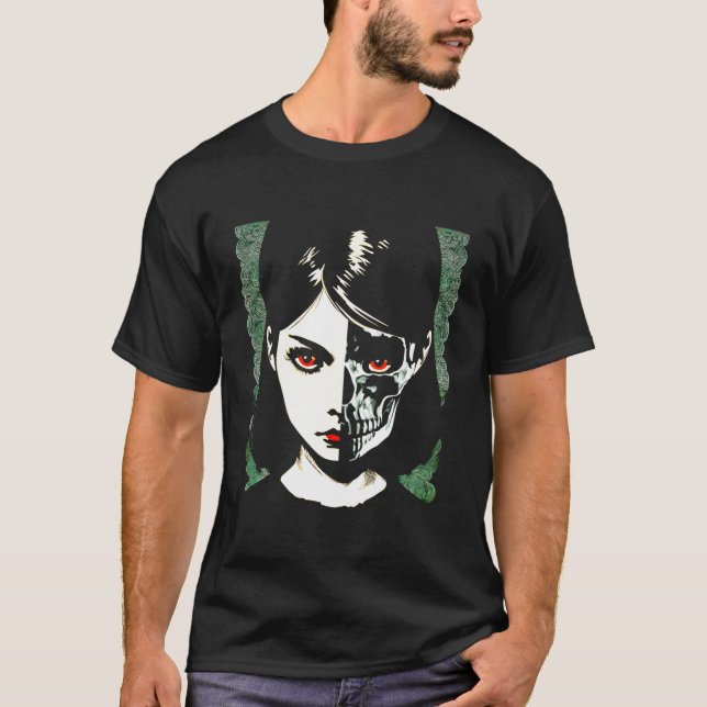 Gothic Beauty Half Face Half Skull Punk Grunge Got T-Shirt (Vorderseite)