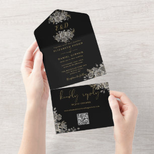 Gothic Black and Gold Monogram QR Code Wedding All In One Einladung