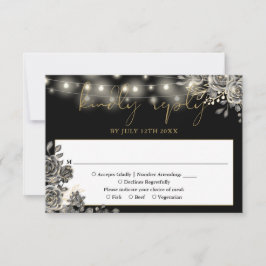 Gothic Black and Gold Rose String Lights Wedding RSVP Karte