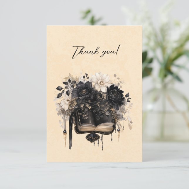 Gothic Black and Ivory Book and Blume Vielen Dank Dankeskarte (Stehend Vorderseite)