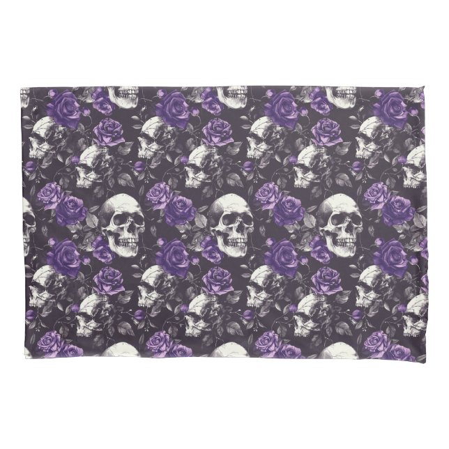 Gothic Black and Lila Skulls and Rose Beet Kissenbezug (Vorderseite)