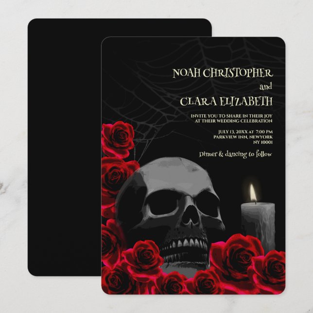 Gothic Black and Red Halloween Skull rote Rosen Einladung (Vorne/Hinten)