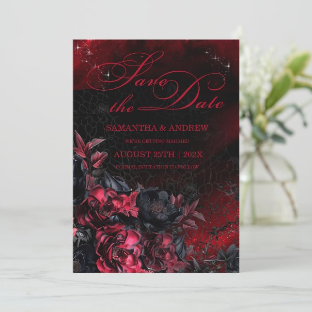 Gothic Black and Red Wedding Save the Date Einladung (Stehend Vorderseite)