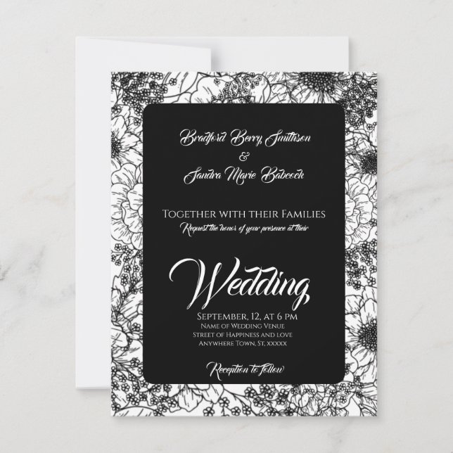 Gothic Black and White Floral Wedding Einladung (Vorderseite)