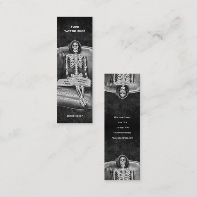 Gothic Black and White Skeleton Tattoo Shop Mini Visitenkarte (Vorne/Hinten)