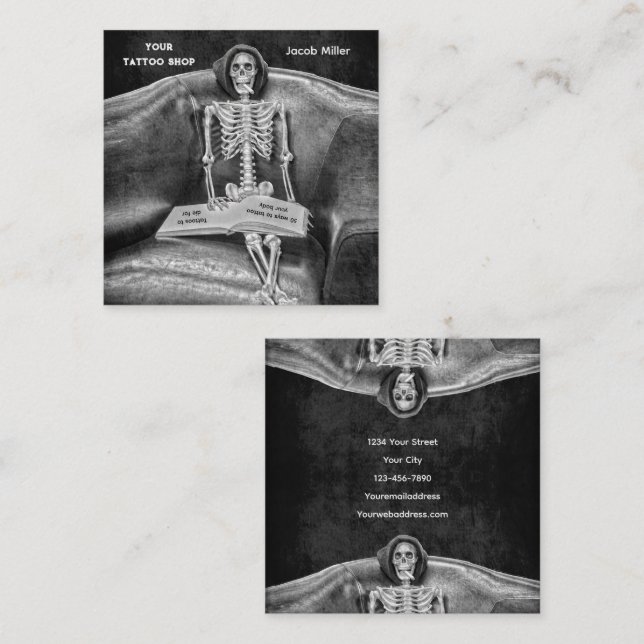 Gothic Black and White Skeleton Tattoo Shop Quadratische Visitenkarte (Vorne/Hinten)
