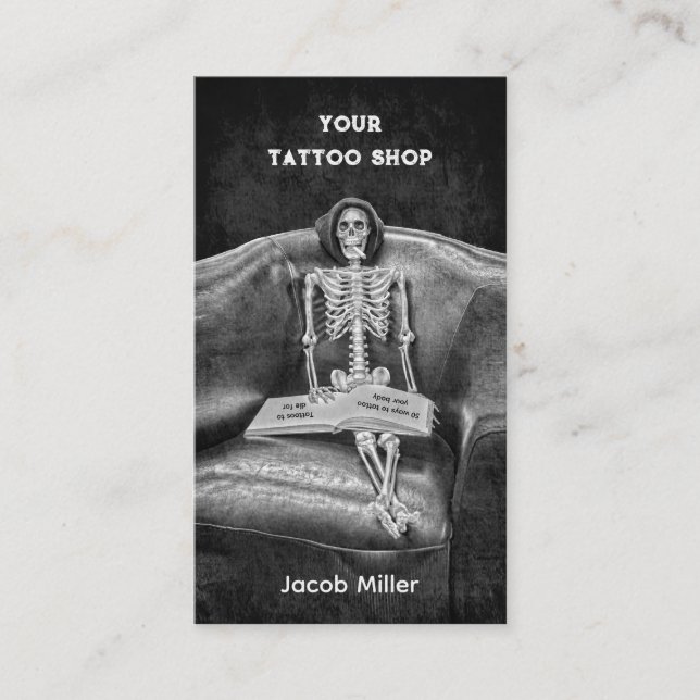 Gothic Black and White Skeleton Tattoo Shop Visitenkarte (Vorderseite)