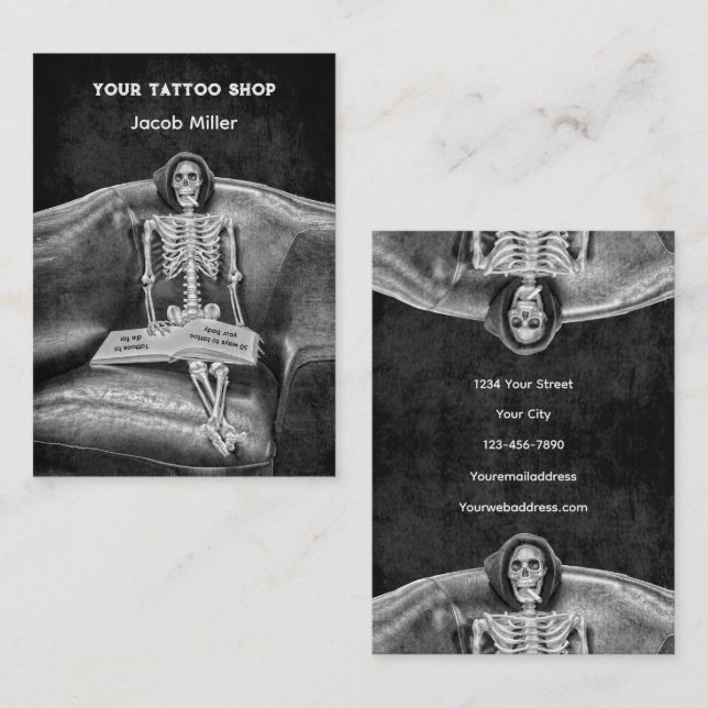 Gothic Black and White Skeleton Tattoo Shop Visitenkarte (Vorne/Hinten)