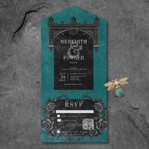 Gothic Black Arch & Black Rose Aquamariner QR Code All In One Einladung