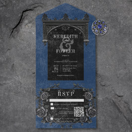 Gothic Black Arch & Black Rose Blue QR Code All In One Einladung