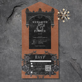 Gothic Black Arch & Black Rose Rust QR Code All In One Einladung