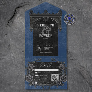 Gothic Black Arch & Black Roses Blue QR-Code All In One Einladung