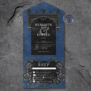 Gothic Black Arch und schwarze Rosen blaue Dinner- All In One Einladung