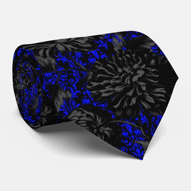 Gothic Black & Blue Damask Floral Wedding Neck Tie Krawatte (Gerollt)