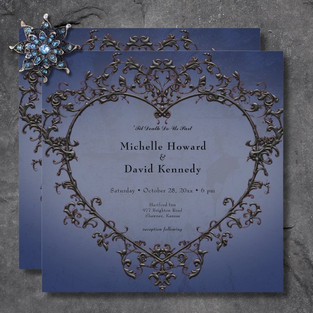 Gothic Black & Blue Filigree Herzenshochzeit Einladung (Gothic Black & Blue Filigree Heart Wedding Invitation)