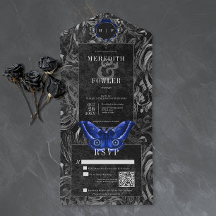 Gothic Black Blue Filigree Motten-QR-Code-Hochzeit All In One Einladung