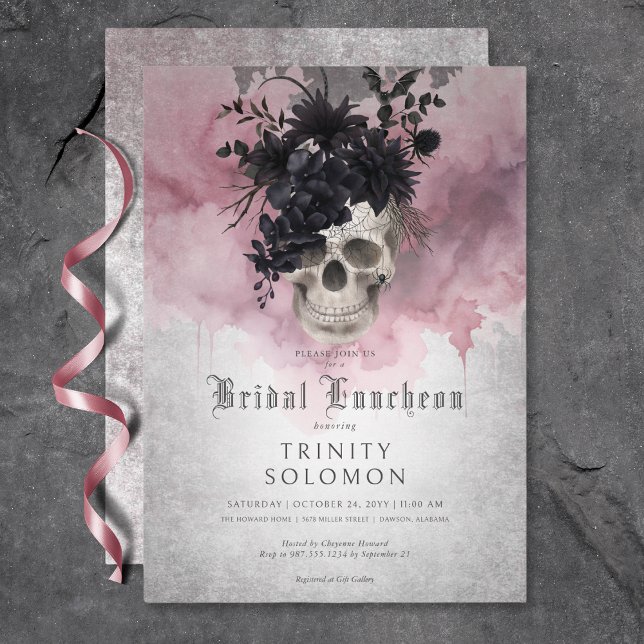 Gothic Black & Burgund Blumenbridal Mittagessen Einladung (Gothic Black & Burgundy Floral Skull Bridal Lunch Invitation)