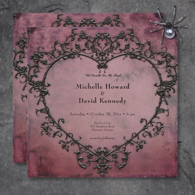 Gothic Black & Burgund Filigree Herzenssehen Einladung (Gothic Black & Burgundy Filigree Heart Wedding Invitation)
