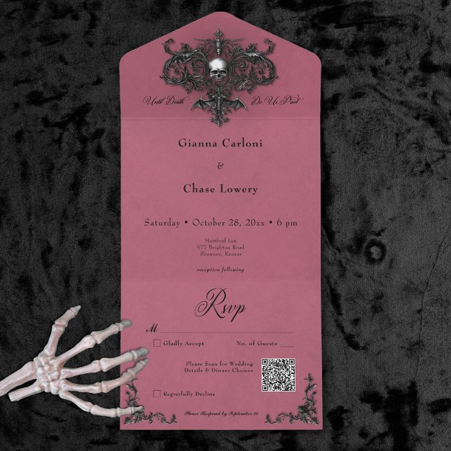 Gothic Black & Burgund Halloween Filigree QR Code All In One Einladung (Gothic Black & Burgundy Halloween Filigree QR Code All In One Invitation)