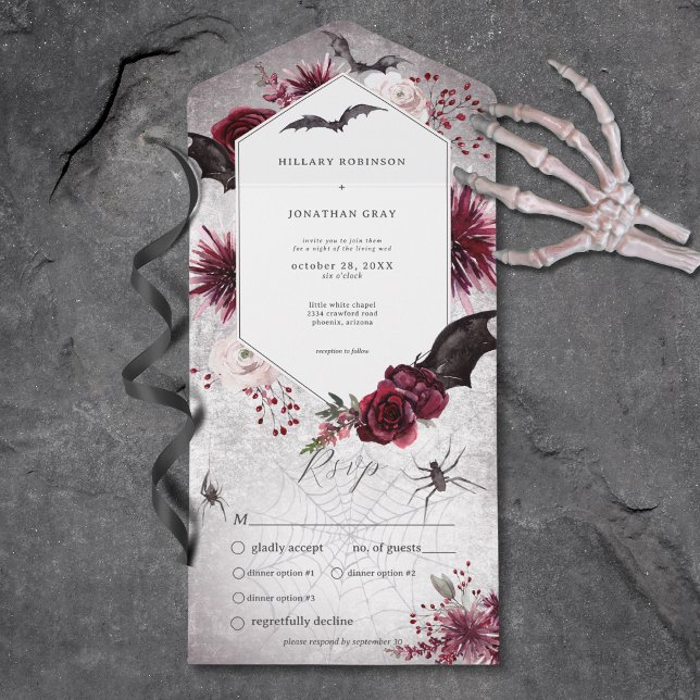 Gothic Black & Burgund Halloween Hexagon Dinner All In One Einladung (Gothic Black & Burgundy Halloween Hexagon Dinner All In One Invitation)