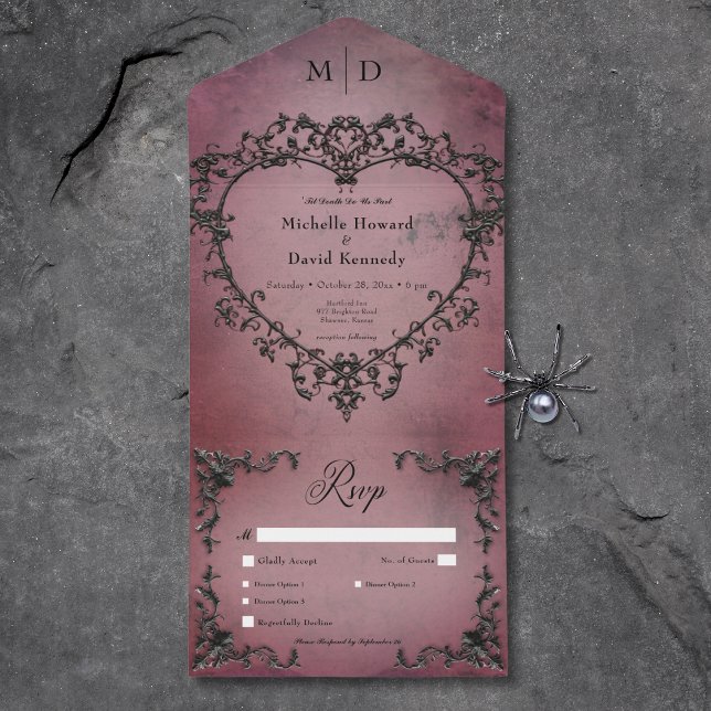 Gothic Black & Burgundy Filigree Herzessen All In One Einladung (Gothic Black & Burgundy Filigree Heart Dinner All In One Invitation)