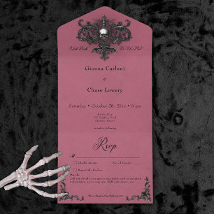 Gothic Black Burgundy Halloween Filigree No Dinner All In One Einladung