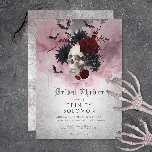 Gothic Black & Burgundy Skull & Bats Brautparty Einladung (Gothic Black & Burgundy Skull & Bats Bridal Shower Invitation)
