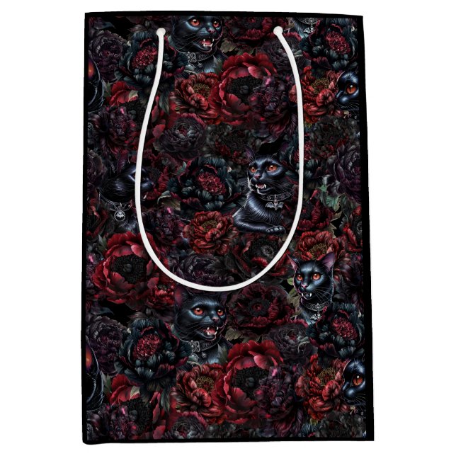 Gothic Black Cat & Dark Flowers Pattern  Mittlere Geschenktüte (Vorderseite)
