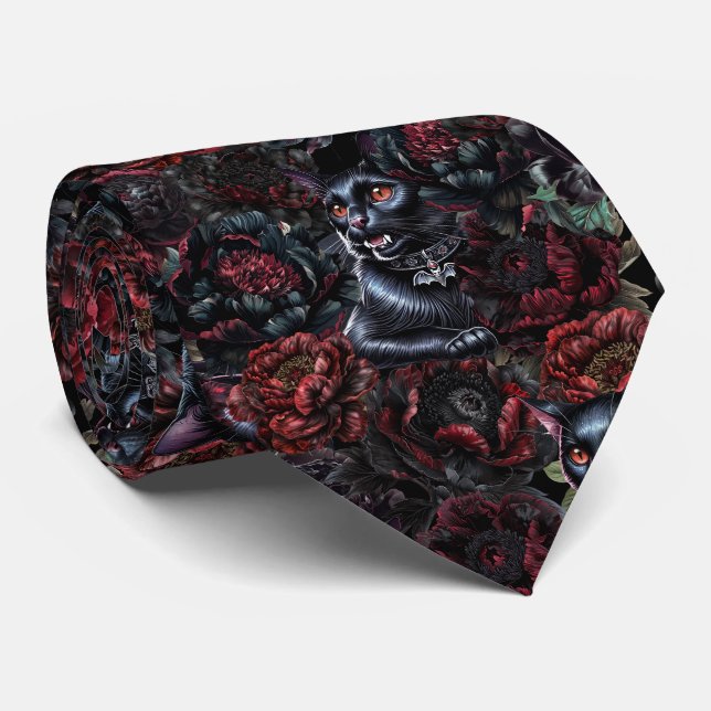 Gothic Black Cat & Dunkle Blumen Muster  Krawatte (Gerollt)