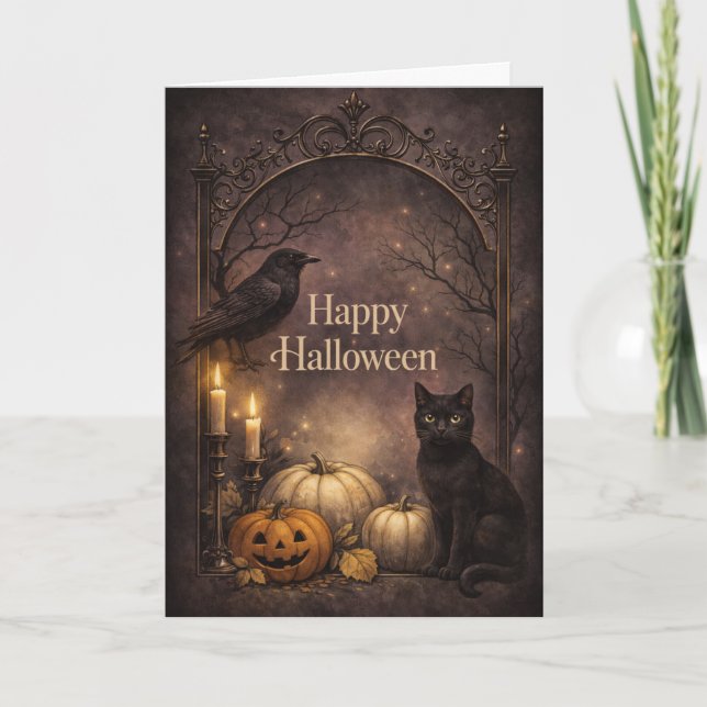 Gothic Black Cat Halloween Karte (Vorderseite)