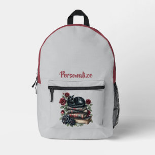 Gothic Black Cat Mystical Books & Rote Rosen Desig Bedruckter Rucksack