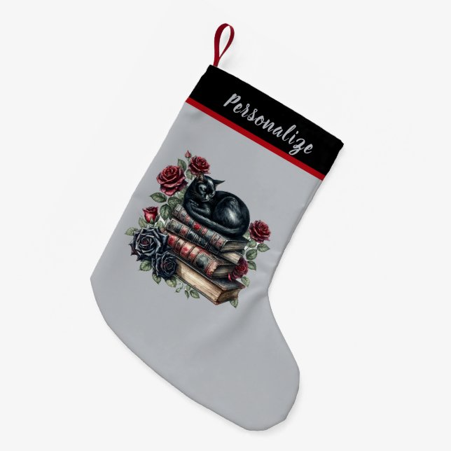 Gothic Black Cat on Books Red Roses Christmas Kleiner Weihnachtsstrumpf (Vorderansicht (hängend))