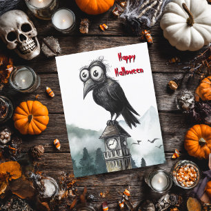 Gothic Black Crow & Tower Spooky Halloween-Party Karte