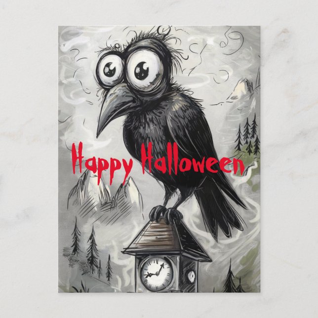 Gothic Black Crow & Tower Spooky Halloween-Party Postkarte (Vorderseite)