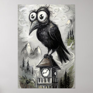 Gothic Black Crow & Tower Spooky Halloween Poster