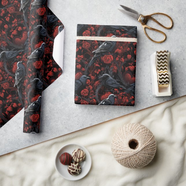 Gothic Black Crows und rote Rosen  Geschenkpapier (Basteln)