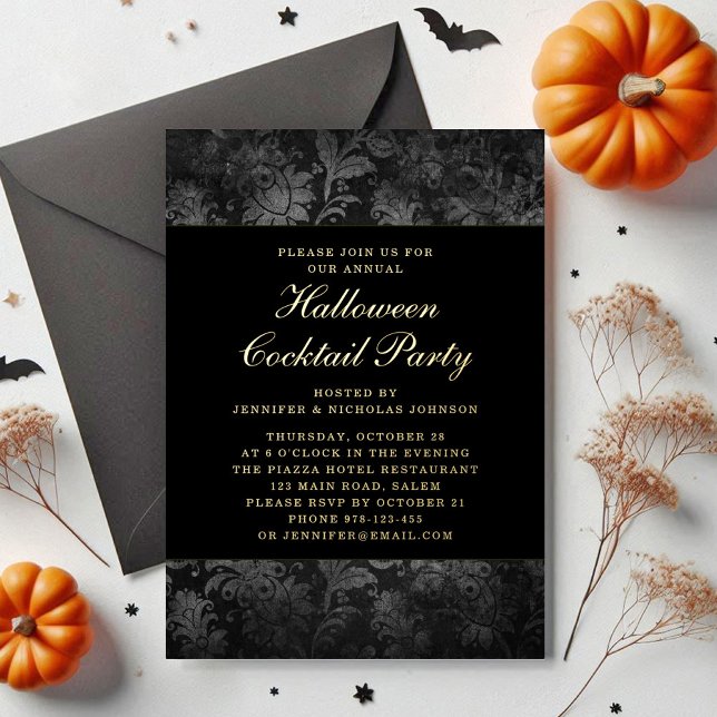 Gothic Black Damask Halloween Cocktail Gold Folieneinladung (Gothic Black Damask Halloween Cocktail Gold Foil Invitation)