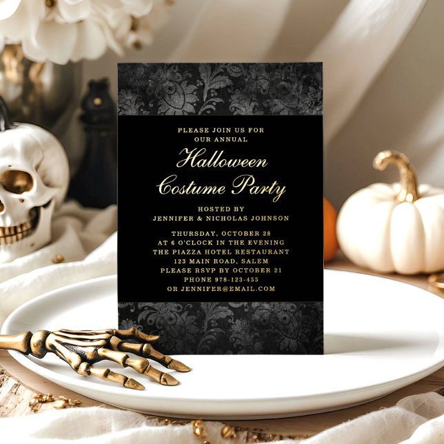 Gothic Black Damask Halloween Costume Gold Folieneinladung (Gothic Black Damask Halloween Costume Gold Foil Invitation)