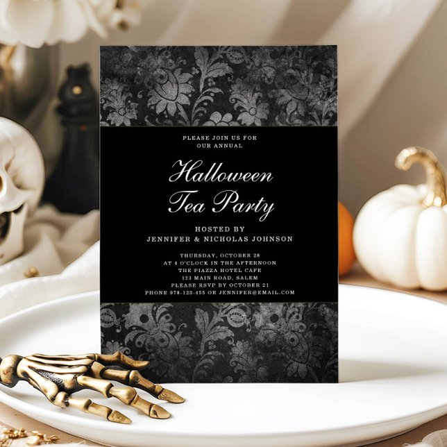 Gothic Black Damask Halloween Tea Party Einladung (Gothic Black Damask Halloween Tea Party Invitation)