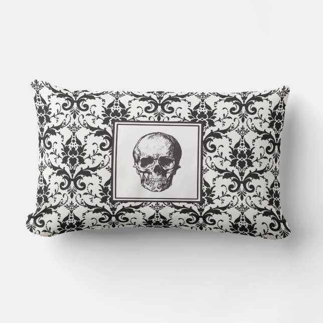 Gothic Black Damask Muster Skull Halloween Lendenkissen (Vorderseite)