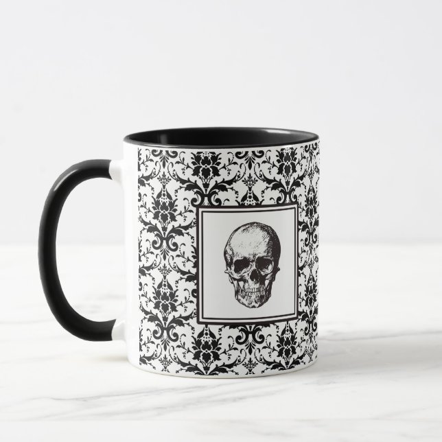 Gothic Black Damask Muster Skull Halloween Tasse (Links)